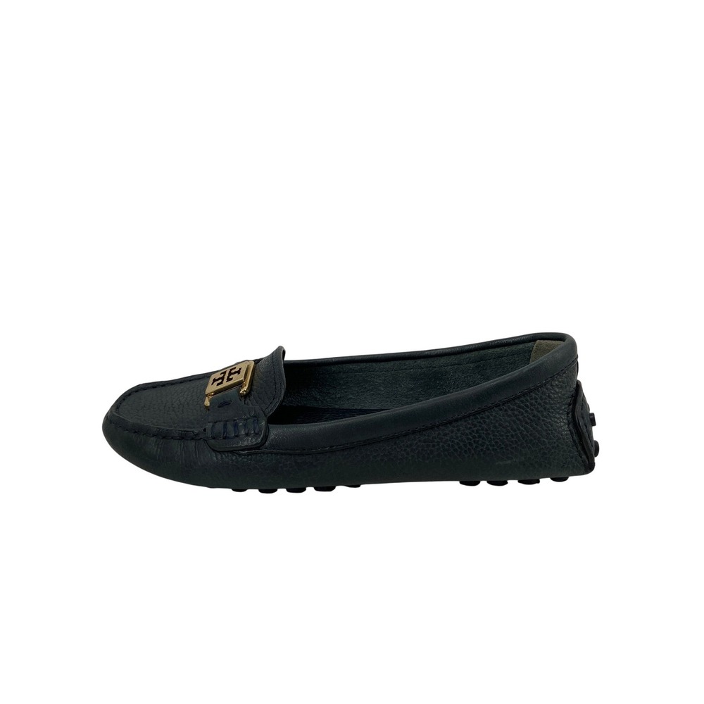 Tory Burch Driving Loafers Womens 7M Navy Blue Pebbled Leather Gold Logo